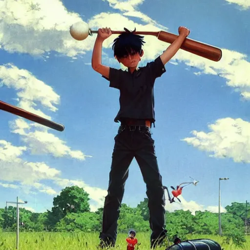 Prompt: a summer day. A teen boy with black hair is wearing a baseball cap and outfit and swinging his baseball bat. Norman Rockwell. Makoto shinkai. Kuvshinov ilya.