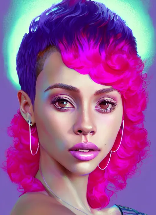 Image similar to portrait of vanessa morgan with bright pink hair, curly pixie cut hair, wearing a purple breton cap, breton cap, hoop earrings, intricate, elegant, glowing lights, highly detailed, digital painting, artstation, concept art, smooth, sharp focus, illustration, art by wlop, mars ravelo and greg rutkowski