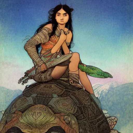 Prompt: a little warrior girl sitting on top of one giant turtle with a wise face that is walking in the desert. the girl has dark skin and beautiful green eyes, realistic full body and a very beautiful detailed symmetrical face with long black hair. diffuse light, dramatic sky and landscape, long shot fantasy illustration by mucha