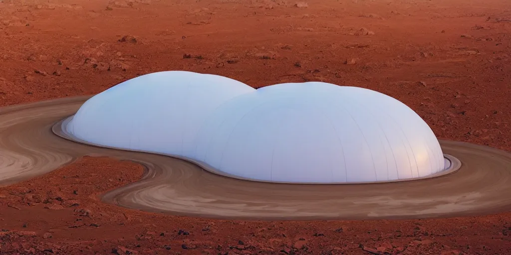 Image similar to a strange huge translucent pvc inflated organic architecture building white by jonathan de pas sits in the planet mars landscape, golden hour, film still from the movie directed by denis villeneuve with art direction by zdzisław beksinski, close up, telephoto lens, shallow depth of field