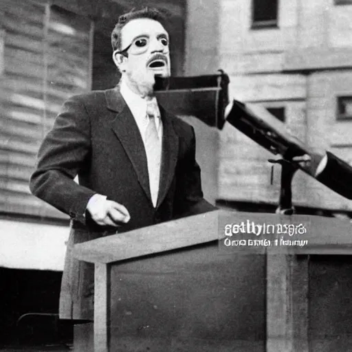 Prompt: Long shot of an angry austrian short man who failed art school with a toothbrush moustache giving a speech, black and white press photo