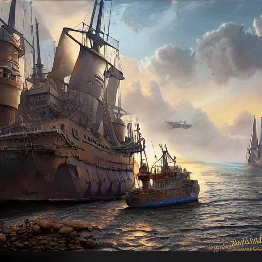 Prompt: captain philips, a detailed matte painting by anton pieck, deviantart contest winner, fantasy art, concept art, official art, matte drawing