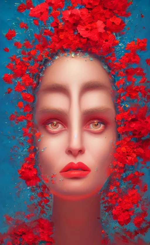 Image similar to a red oil painting hyperrealism of a beautiful woman on a white background, flowers, floral headdress, 8 k resolution, octane render, trending on artstation, by gediminas pranckevicius, volumetric light 2 blue fractal thunder glow by dan mumford, anaglyph effect, laurie lipton