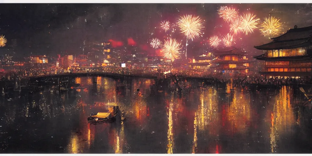 Image similar to anime kyoto animation key by greg rutkowski night, fireworks festival at river bank, kimono