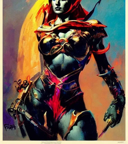 Image similar to portrait of strong iranian female chaos angel, beautiful! coherent! by frank frazetta, by brom, strong line, vivid neon color, shining metal power armor, iron helm, high contrast, maximalist