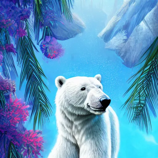 Image similar to blue paper + an intricate polar bear and a beauty depiction + elaborate red illustration, very detailed, deviantart, 8 k vertical wallpaper, tropical, colorful, airy, anime illustration, anime nature