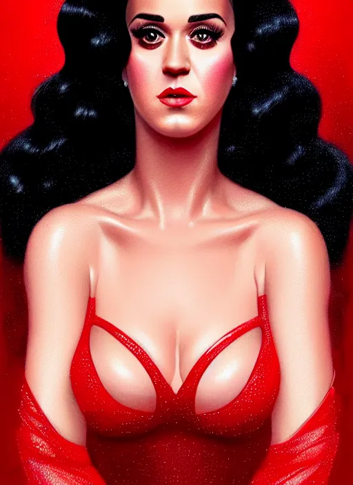 Image similar to portrait of katy perry in a red dress, intricate, elegant, glowing lights, highly detailed, digital painting, artstation, concept art, smooth, sharp focus, illustration, art by wlop, mars ravelo and greg rutkowski, hyper realistic photography