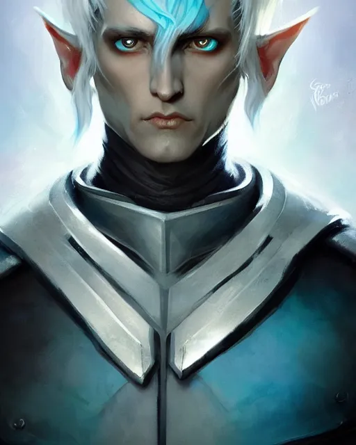 Image similar to character portrait of a slender young half elven man with white hair, piercing turquoise blue eyes, and pale blue skin, wearing sleek black armor, by greg rutkowski, mark brookes, jim burns, tom bagshaw, trending on artstation