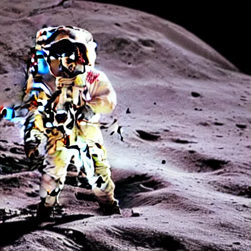 Image similar to A photo of an astronaut on the moon without his helmet eating garlic bread with knife and fork,the bread is on a red table,earth in the background