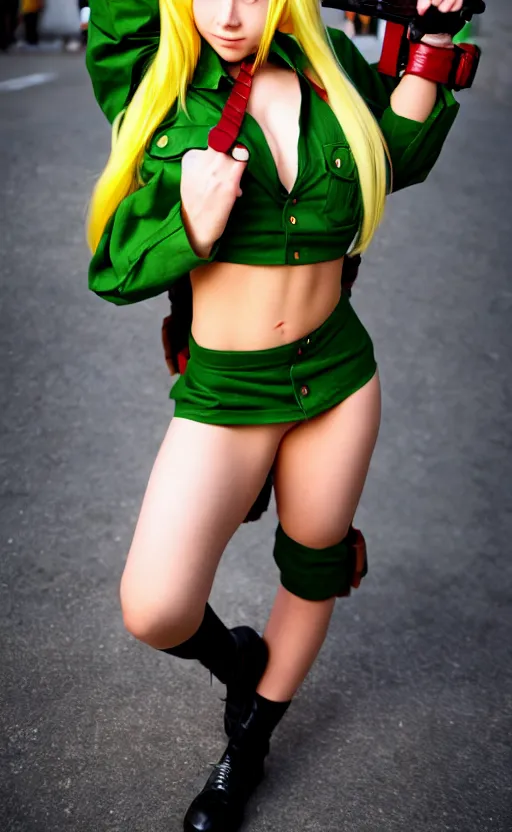 Image similar to cosplaying as cammy from street fighter, professional photo, trending on deviantart