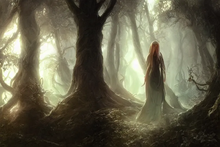 Prompt: an old elven wood, a view to an eerie fantasy world, ethereal back light, mist, coherent composition, detailed fantasy painting by artgerm
