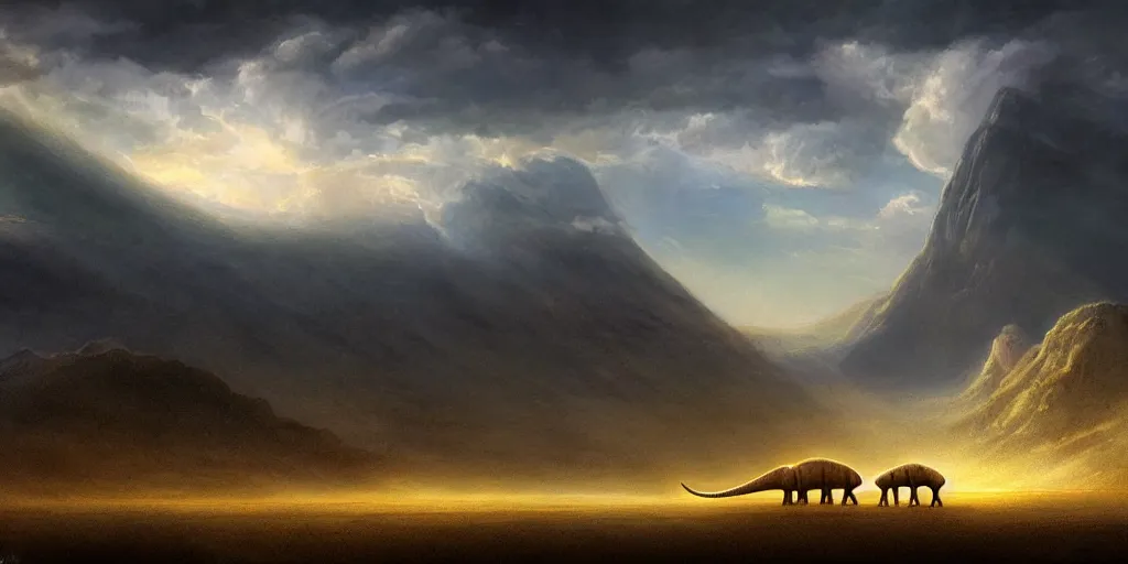 Prompt: a mystical mountain shaped as a diplodocus, clouds, digital illustration, james gurney, cinematic lighting, detailed, mysterious,