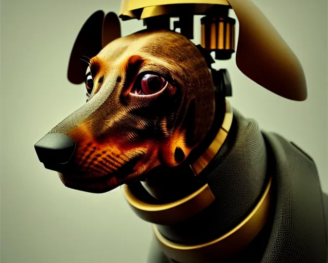 Image similar to head of dachshund robot, portrait, mechanical, machine, octane render, concept art, sharp focus, hyper - realistic, intricate, detailed, eduard pronin, luka mivsek, ruan jia