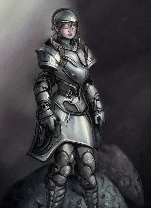 Image similar to of a hyper realistic proportional stylization portrait of a techpunkk war cleric in a futuristic pearl armor, dark gloomy environment two moons