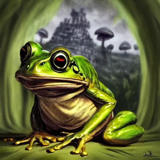 Image similar to A portrait of a scary godlike frog eating a fairy. award winning. superb resolution. in the art style of junji Ito and greg rutkowski . Detailed Mushroom city in background. Hyper realistic anime. Perfect art. Dalle2