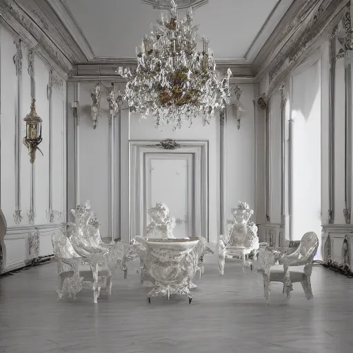 Prompt: explosion of a Gothic baroque white porcelain room furnished with baroque furniture made of white porcelain and white veils, everything is shattered. trending on artstation, sensual gloomy, volumetric clouds, unreal render, depth of field