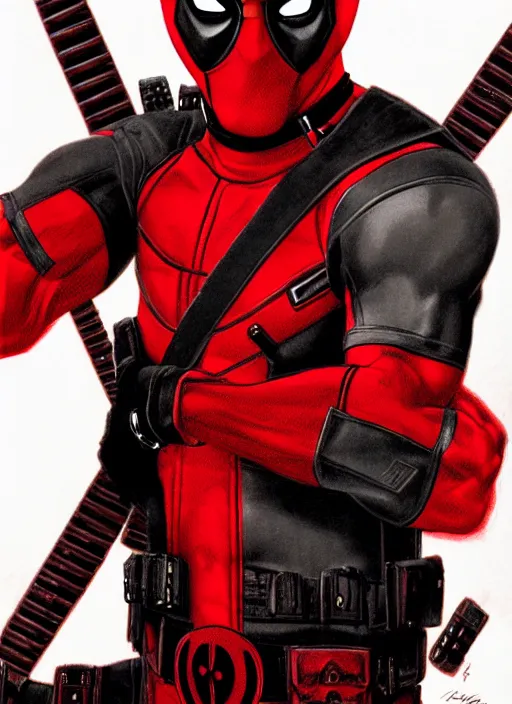 Image similar to deadpool, illustration, sharp focus, highly detailed, vertical portrait, manga, concept art, smooth, dramatic lighting, facing forward, face in focus, in the style of Hirohiko Araki