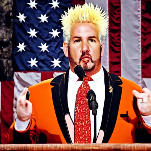 Prompt: press photo of President Guy Fieri, State of the Union Address, symmetrical face!!, cinematic lighting, award winning photo, press photo, kodak 2383 film, low contrast!!, (((orange))), washed out colors