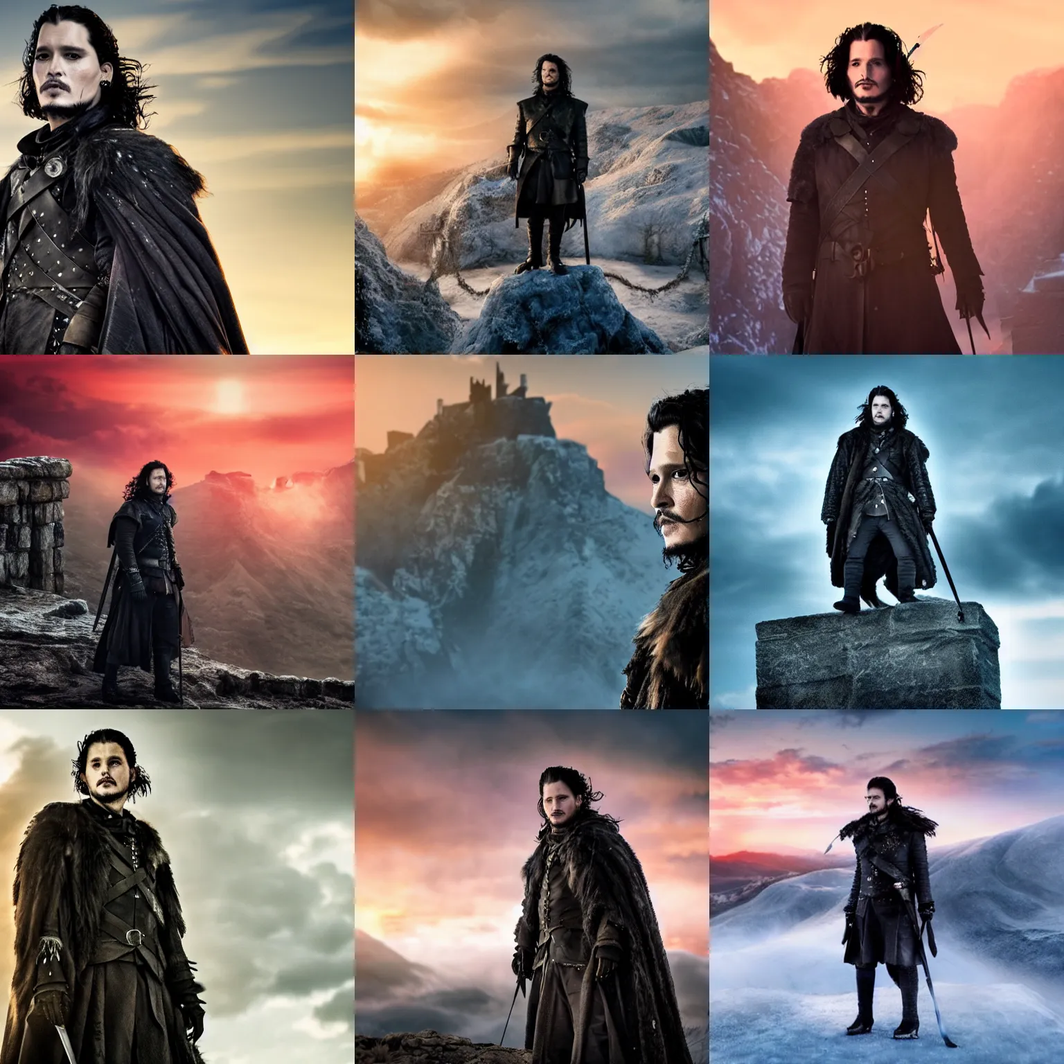 Prompt: Johnny Depp as Jon Snow, standing atop The Wall, cinematic, volumetric lighting, sunrise, fantasy