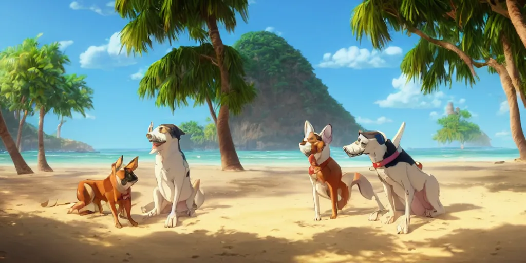 Prompt: a wholesome animation key shot of dogs at a tropical beach, medium shot, waist up, studio ghibli, pixar and disney animation, sharp, very detailed, high resolution, rendered in unreal engine 5, anime key art by greg rutkowski, bloom, dramatic lighting