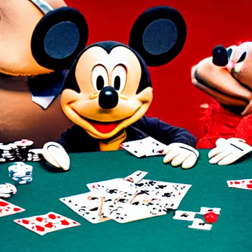 Image similar to kermit playing poker with mickey mouse in las vegas