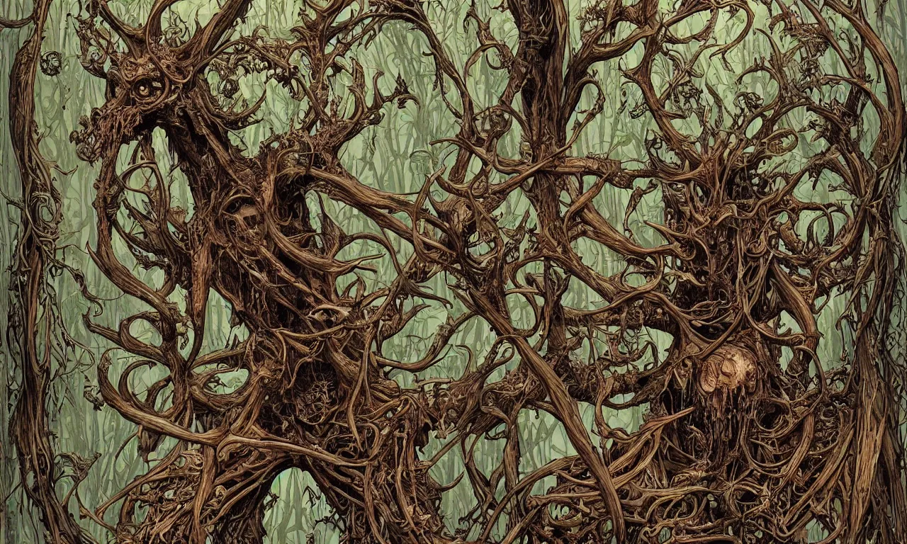 Image similar to hyperdetailed art nouveau portrait of treebeard as a cthulhu eyeball moose skull wendigo cryptid monster, by geof darrow, simon bisley and bill sienkiewicz, grim yet sparkling atmosphere, photorealism, claws, skeleton, antlers, fangs, forest, wild, bizarre, scary, lynn varley, lovern kindzierski, steve oliff