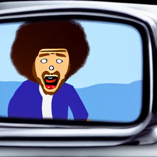 Image similar to a tiny screaming angry bob ross running your in rear view mirror