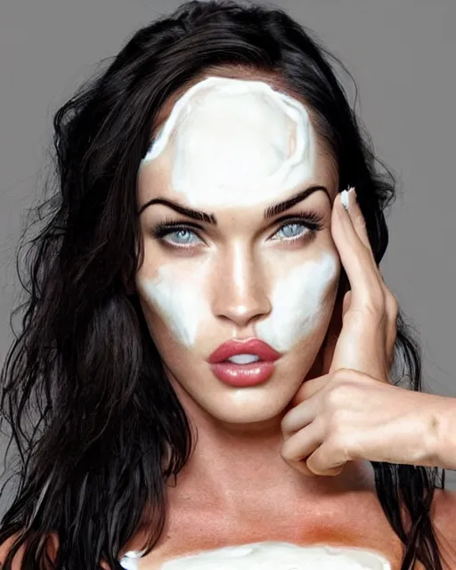 Image similar to megan fox made out of mayonnaise, human face made out of mayonnaise, megan fox wearing white body paint, professional food photography