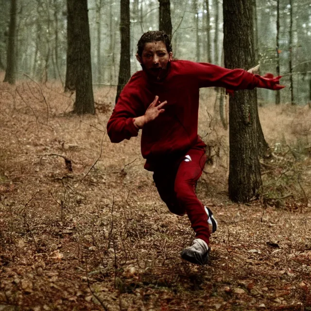 Image similar to photo of shia labeouf sprinting through the woods with dark red liquid all over his face, dramatic, cinematic, cinestill 8 0 0 t, motion blur