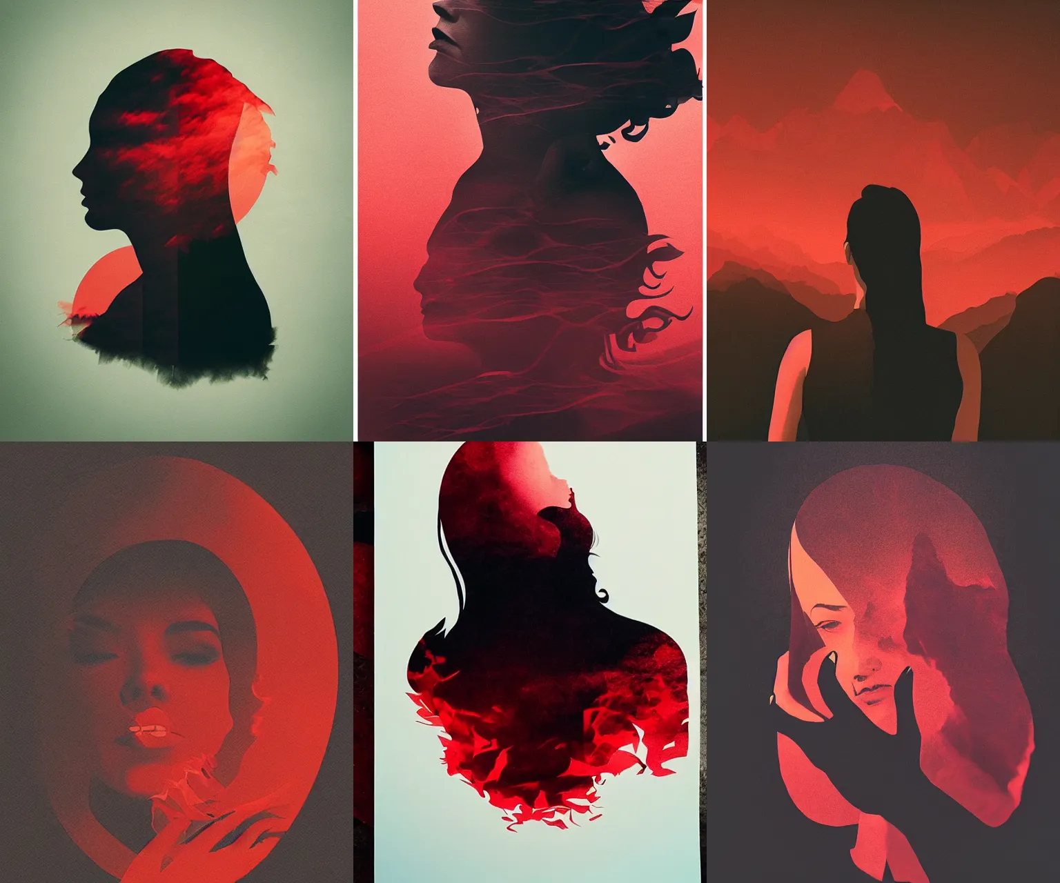 Prompt: black red smoke ink illustration, double exposure woman mountain portrait, sunrise, artgerm and alena aenami