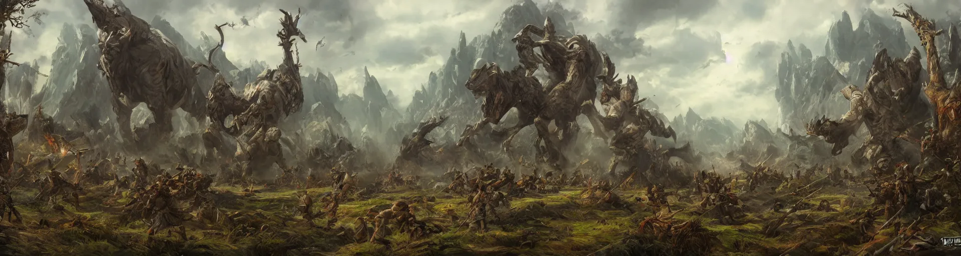 Image similar to fantasy environment giants fighting in war by eugene von guerard, ivan shishkin, concept art, trending on artstation