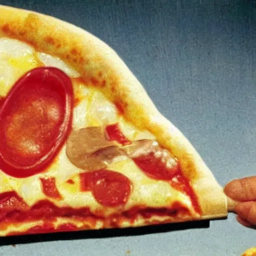 Image similar to a still from a pizza commercial, cheese stretches off a slice 1 9 8 0 s