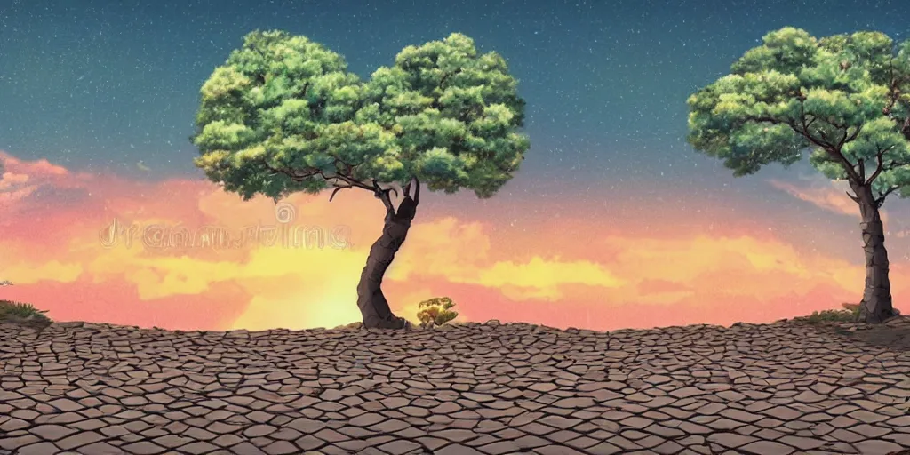 Prompt: a lonely cobblestone street with a tree on a cliff over the sea at sunset, 2d illustration, kawaii manga style