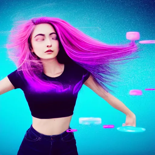 Image similar to a award winning half body portrait of a beautiful woman in a croptop with a ombre purple pink teal hairstyle with head in motion and hair flying, water bubbles, outrun, vaporware, vivid colors, highly detailed, fine detail, intricate