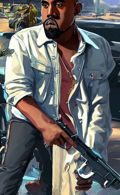 Image similar to kanye west in grand theft auto 5, cover art by stephen bliss, artstation