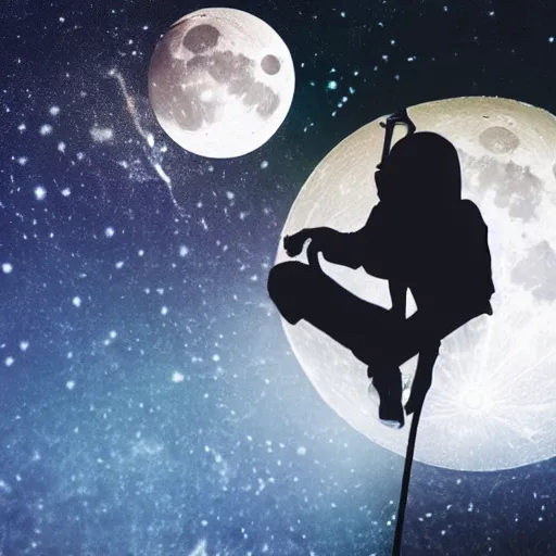 Prompt: a man hanging from the moon. the universe as a background.