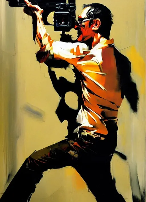 Image similar to lalo salamanca shooting howard hamlin, painting by phil hale, 'action lines'!!!, graphic style, visible brushstrokes, motion blur, blurry