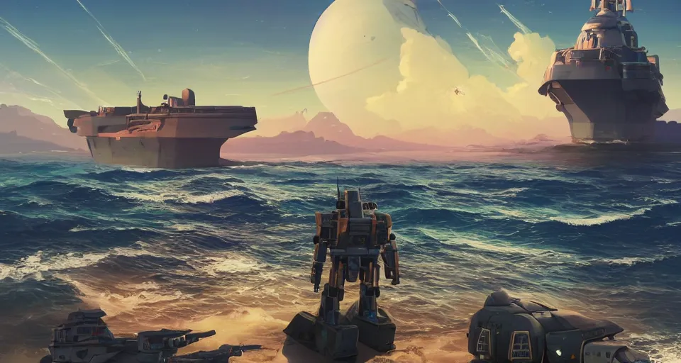 Image similar to A very beautiful serene coast landscape scene with a GIANT MECHA style BATTLESHIP looming in the distance, bright sunny waves splashing on the beach, rendered by simon stålenhag, rendered by Beeple, Makoto Shinkai, syd meade, environment concept, digital art, Gundam style, starwars, unreal engine, 3 point perspective, WLOP, trending on artstation, low level, 4K UHD image, octane render,