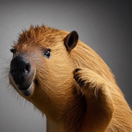 Prompt: Cyborg anthropomorphic capybara, photograph, realistic, studio lighting