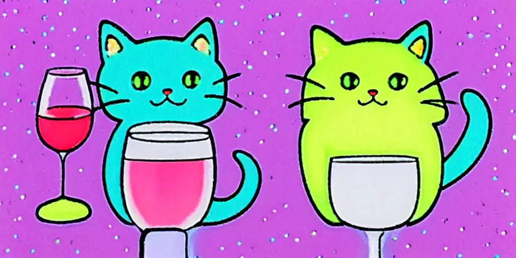 Image similar to a cat drinking red wine, puffy sticker, glitter sticker, kawaii by studio ghibli, by lisa frank 8 k pastel colours, neon colours, fluorescent colours,