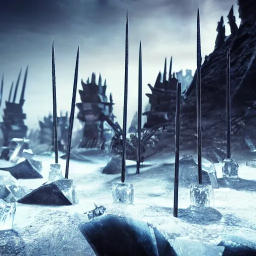 Image similar to ice spikes are summoned from the ground by magic, a group of knights in plate - armor gets impaled by bloody spikes, death on the spot, gloomy lights in the sky, octane render, unreal engine