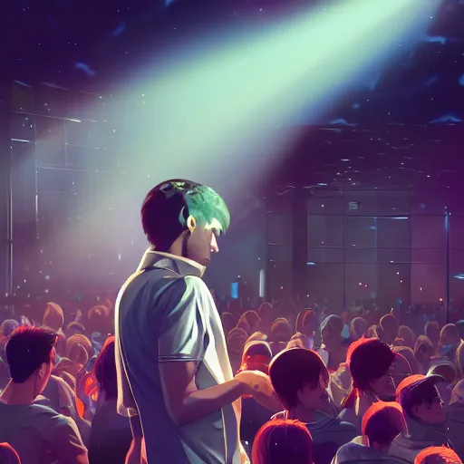 Image similar to portrait of freddie mercury, concert stage background, night time, dramatic lighting, ambient lighting, dynamic lighting, 4k, HQ, official media, anime key visual, makoto shinkai, ilya kuvshinov, lois van baarle, rossdraws, detailed, trending on artstation