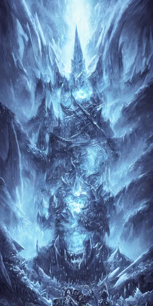 Image similar to vast ice dungeon, arthas the lich king, undead army, warcraft, warcraft artwork, mixed art, cinematic light, majestic, hyperrealistic, hyper detailed, dark fantasy, gritty