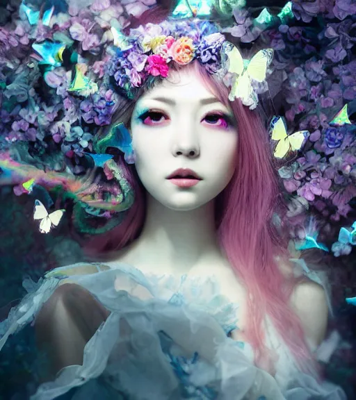 Prompt: a beautiful fairy sad and serious, female portrait black eyes twisted trees, floating cloth whirlpool, butterfly, blooming made of flowers, iridescent luminous holographiccolors, hardlighting ethereal horror fantasy art by bella kotak and lillian liu, ruan jia, xparticles by wlop, 4 k hd artstation concept art