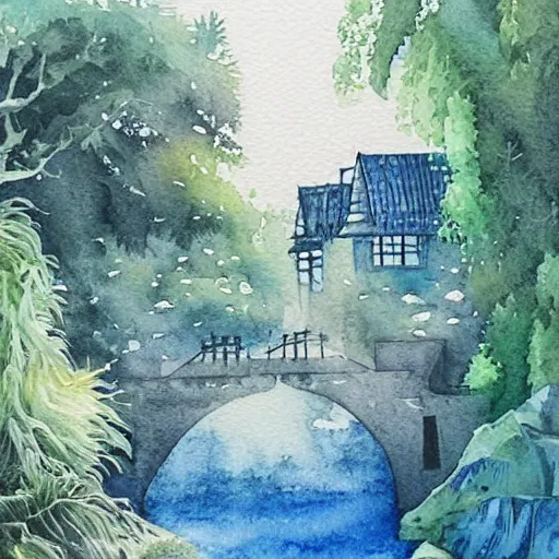 Image similar to Beautiful happy picturesque charming sci-fi town in harmony with nature. Beautiful light. Water and plants. Nice colour scheme, soft warm colour. Beautiful detailed artistic watercolor by Olivia. (2022)
