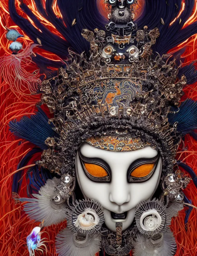 Image similar to goddess macro close - up portrait with crown and mask made of ram skull. beautiful intricately detailed japanese crow kitsune mask and clasical japanese kimono. betta fish, jellyfish phoenix, bioluminescent, plasma, ice, water, wind, creature, artwork by tooth wu and wlop and beeple and greg rutkowski