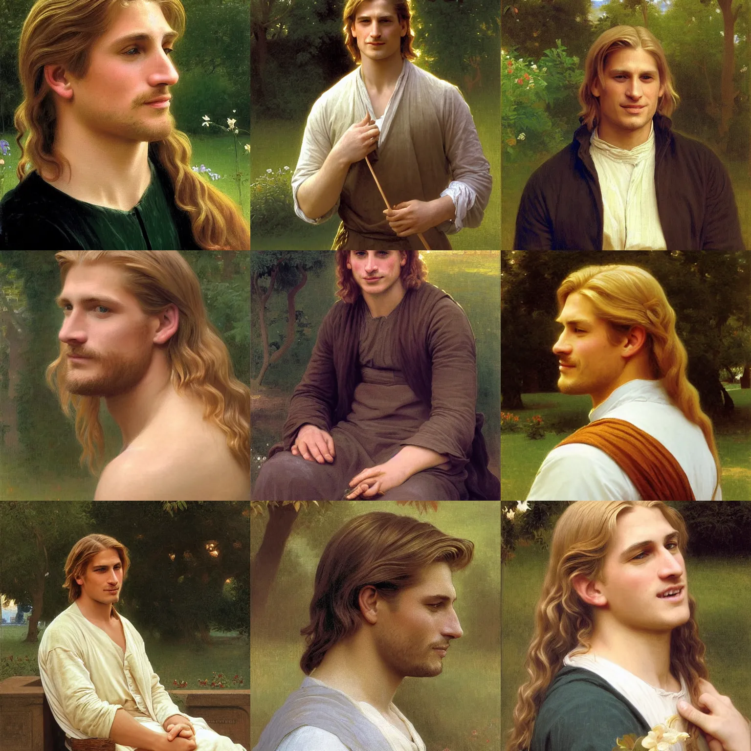 Prompt: Painting of Jaime Lannister clean shaven in the gardens at golden hour. beautiful long golden blonde hair. Young. Smiling. Happy. Cheerful. Art by william adolphe bouguereau. Very very very very very very very very very very very very much detailed. Beautiful. 4K. Award winning.