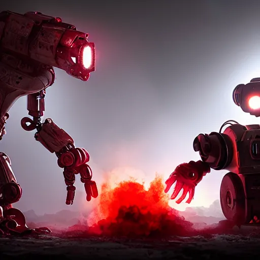 Image similar to post - apocalyptic, a very strong robot with red enerygies, is shaking hands with a mighty alien creature that has multiple eyes. smoke. volumetric lighting, sharp focus, ultra detailed, cgsociety