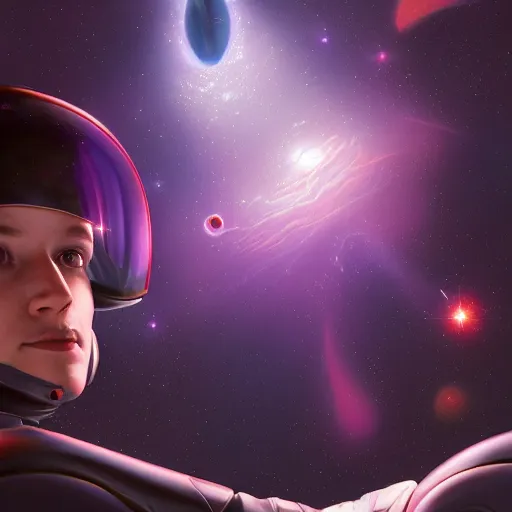 Prompt: detailed symmetry!!, ( astronaut with purple closed visor ), deep inside space with small twinkling stars, by artgerm and charlie bowater and chris rallis, dark age aether punk style, global illumination, radiant light, god rays, bokeh, digital illustration, cg society, unreal engine 5, ray tracing