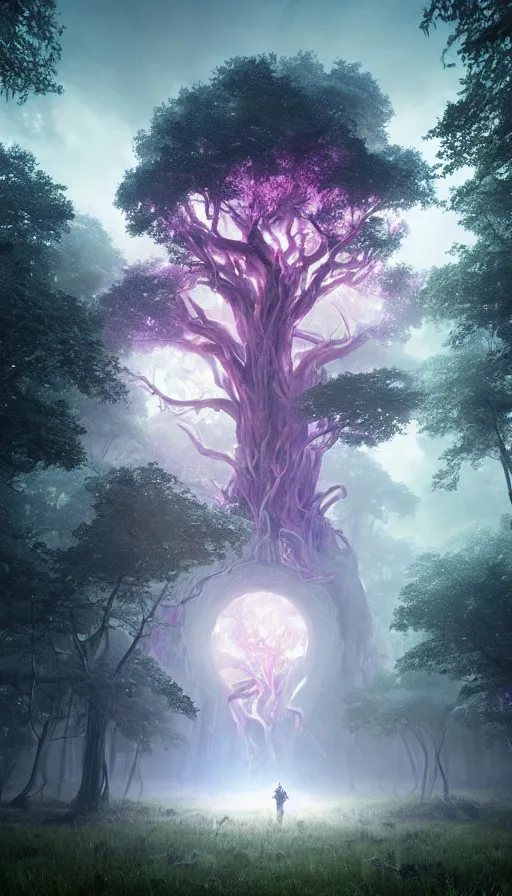 Image similar to hyper realistic 3 d render of a future sci - fi ancient god on the middle of a forest with a lot of purple trees holding a portal that's about to explode, fog, volumetric lighting, sunny day, by greg rutkowski and diego velazquez